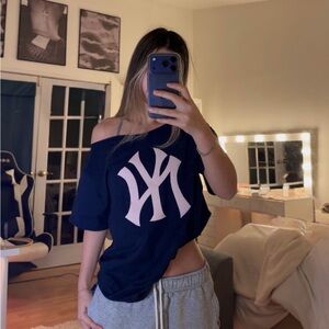 Handmade Navy Blue Yankees off the shoulder Graphic Tee